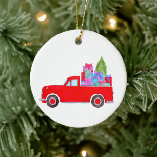 Retro Pickup Truck with Christmas Gifts Ceramic Tree Decoration