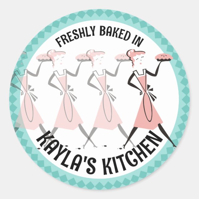 Retro pie girl baking from my kitchen bakery st... classic round sticker (Front)