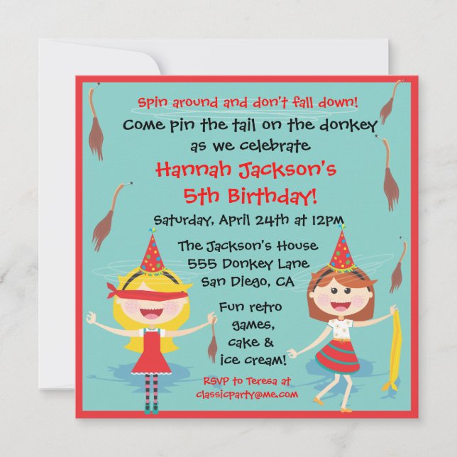 Retro Pin the tail on the Donkey Birthday Party Invitation (Front)