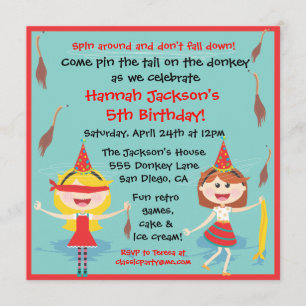 Retro Pin the tail on the Donkey Birthday Party Invitation
