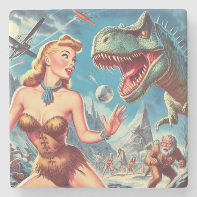 Retro Pin Up and Dinosaur Stone Coaster (Front)