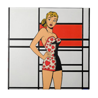 Retro Pin-Up Girl Meets Mondrian – Unique Artistic Tile