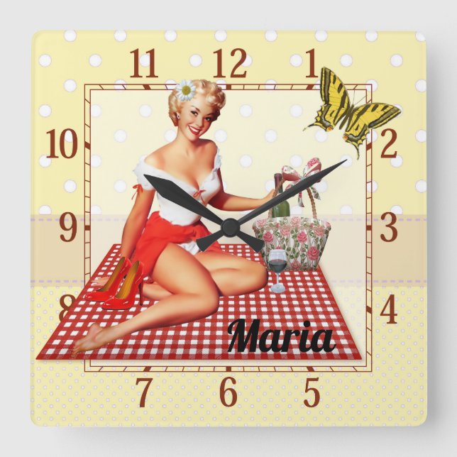 Retro pin up girl on a red plaid picnic blanket, square wall clock (Front)