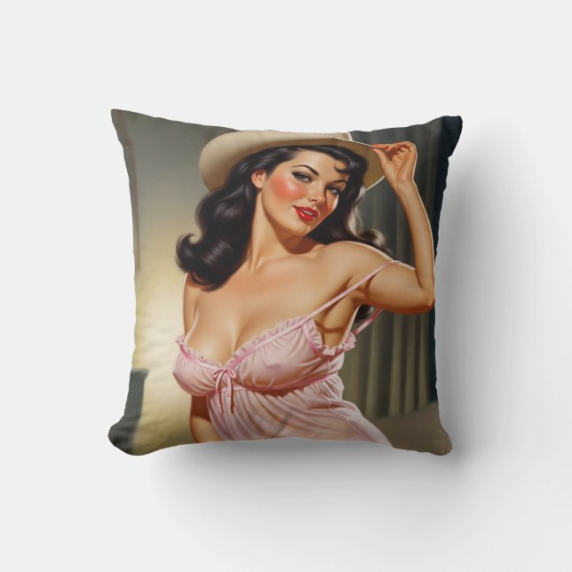 Retro Pin-up Girl with Cowboy hat Cushion (Front)