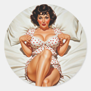 Retro Pin-up Girl with Red Polka Dot PJ's Classic Round Sticker