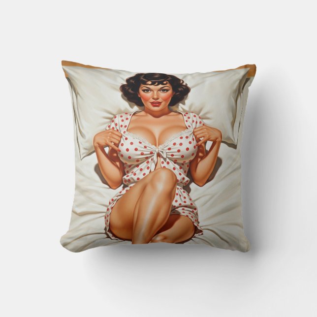 Retro Pin-up Girl with Red Polka Dot PJ's Cushion (Front)