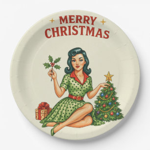 Retro Pin-Up Merry Christmas Holiday Paper Plate