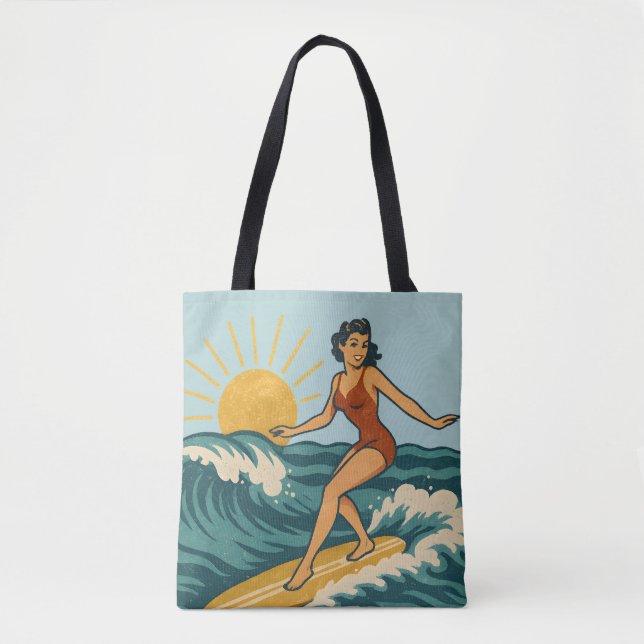 Retro Pin-Up Surfer Blue Coastal Surfing Art Beach Tote Bag (Front)