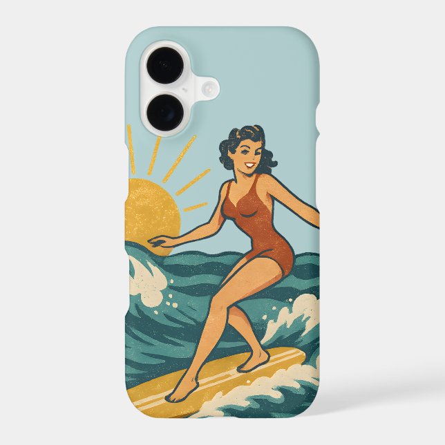 Retro Pin-Up Surfer Blue Coastal Surfing Art Phone (Back)