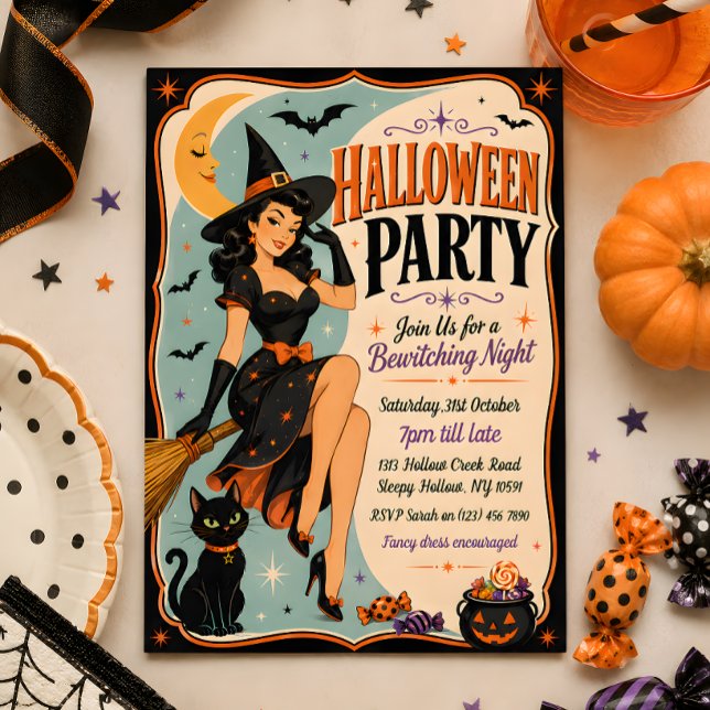 Retro Pin-Up Witch Halloween Party Invitation (Creator Uploaded)