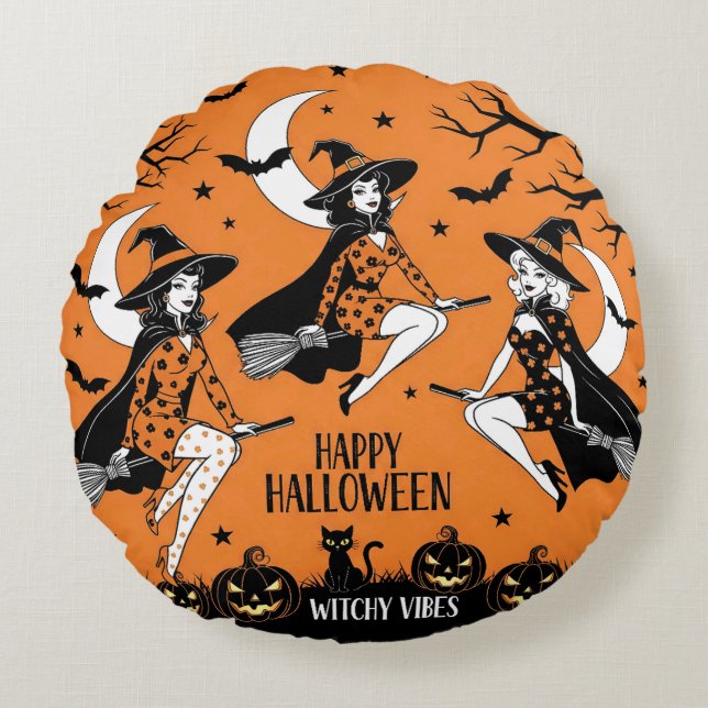 Retro Pin-Up Witches  Round Cushion (Front)
