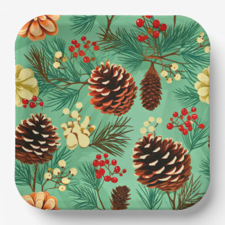 Retro Pine Cones Christmas Large Paper Plate