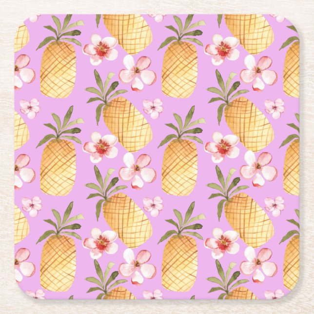 Retro pineapple tropical print on lilac background square paper coaster (Front)