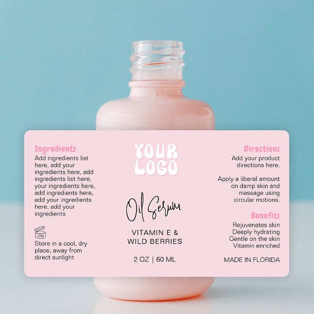 Retro Pink 2oz Dropper Bottle Wraparound (Trendy Retro White & Pink 2OZ* cosmetic bottle wrap around label with your logo *verify size)