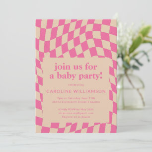 Retro Pink Abstract Chequerboard Baby Shower Invitation