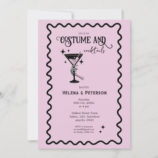 Retro Pink and Black Costumes and cocktails Party Invitation (Front)