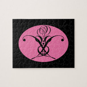 Retro Pink and Black Flourish Rose Jigsaw Puzzle