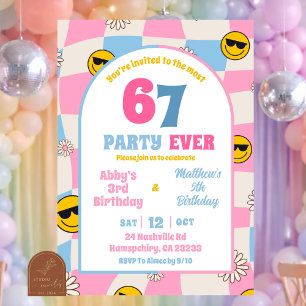 retro pink and blue checkered 67 joint birthday invitation
