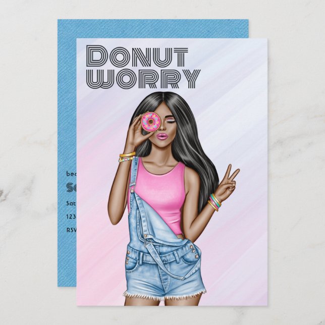 Retro Pink and Blue Doughnut Girl Birthday Party Invitation (Front/Back)