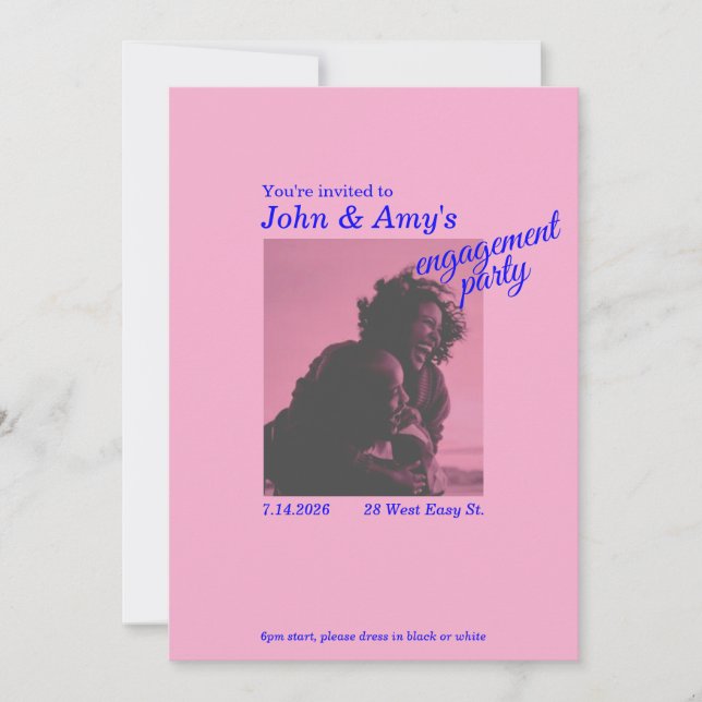 Retro Pink and Blue Engagement Party Invitation (Front)