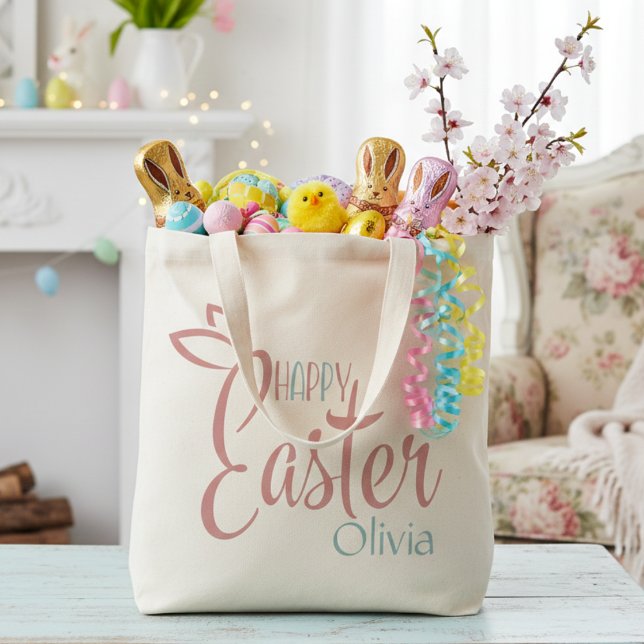 Retro Pink And Blue Personalised Happy Easter Tote Bag (Retro Pink And Blue Personalized Happy Easter Tote Bag)