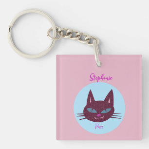 Retro Pink and Blue Purring Kitty Key Ring