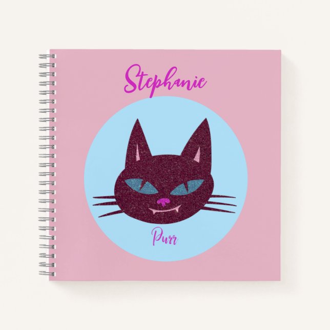 Retro Pink and Blue Purring Kitty Notebook (Front)