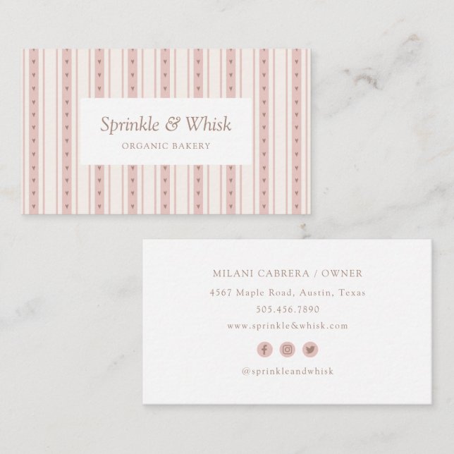 Retro Pink And Brown Heart Stripes Bakery Business Card (Front/Back)