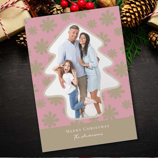 Retro Pink and Gold Floral Pine Tree Shaped Photo Holiday Card (Creator Uploaded)