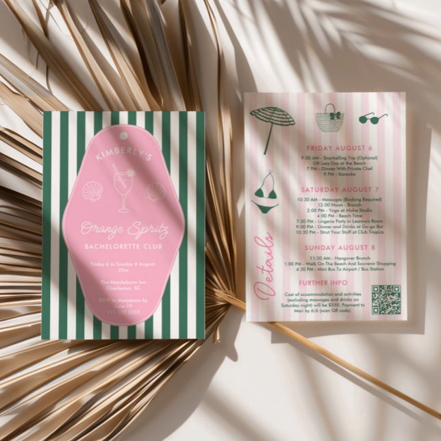 Retro Pink And Green Beverly Hills Bachelorette Invitation (Preppy pink and green bachelorette beach weekend invitation with hand drawn icons)