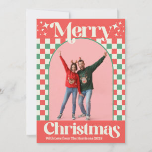 Retro Pink and Green Christmas Check Flat Card