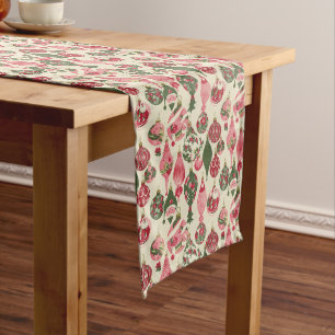 Retro Pink and Green Christmas Ornaments Long Table Runner
