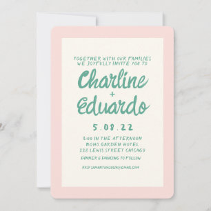 Retro Pink and Green Handwriting Wedding Invitation