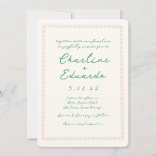 Retro Pink and Green Handwriting Wedding Invitation
