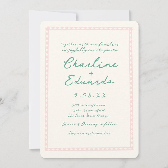 Retro Pink and Green Handwriting Wedding Invitation (Front)