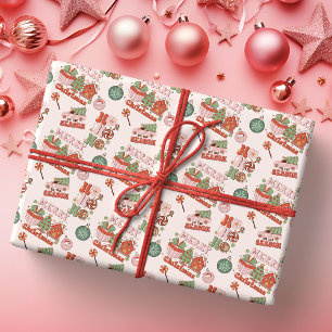 Retro Pink and Green Holiday Joy Wrapping Paper