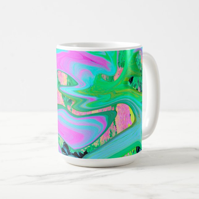 Retro Pink and Light Blue Liquid Art on Hydrangea Coffee Mug (Front Right)