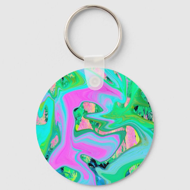 Retro Pink and Light Blue Liquid Art on Hydrangea Key Ring (Front)