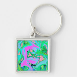 Retro Pink and Light Blue Liquid Art on Hydrangea Key Ring