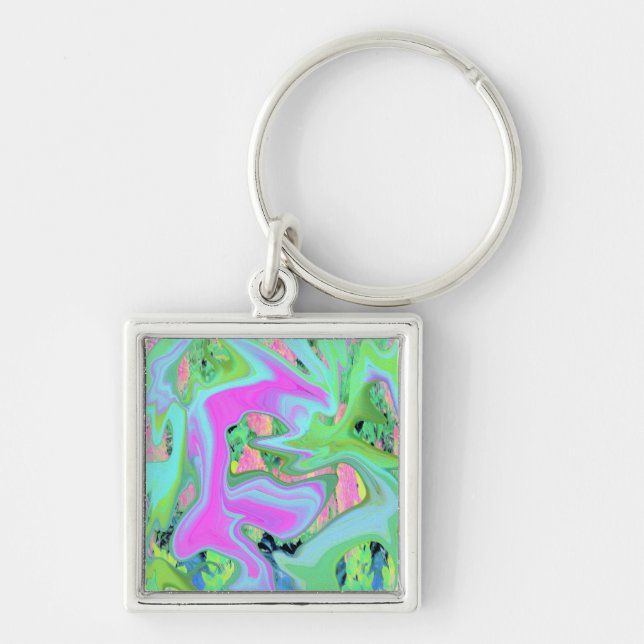 Retro Pink and Light Blue Liquid Art on Hydrangea Key Ring (Front)