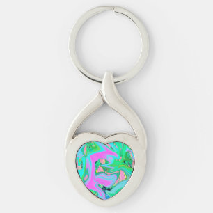 Retro Pink and Light Blue Liquid Art on Hydrangea Key Ring