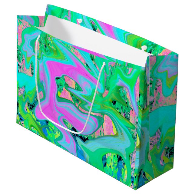 Retro Pink and Light Blue Liquid Art on Hydrangea Large Gift Bag (Front Angled)