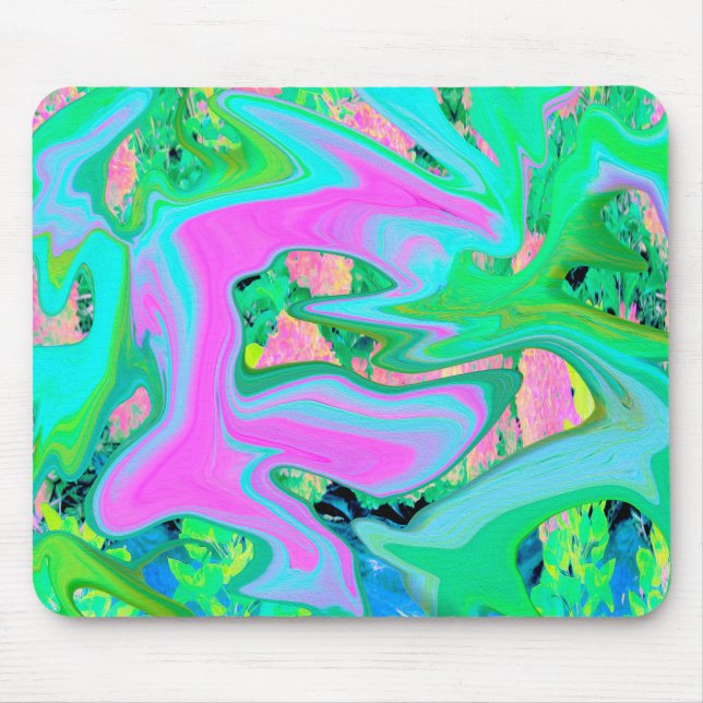 Retro Pink and Light Blue Liquid Art on Hydrangea Mouse Mat (Front)