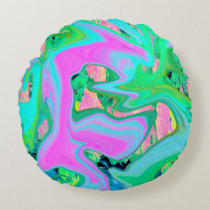 Retro Pink and Light Blue Liquid Art on Hydrangea Round Cushion
