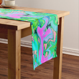 Retro Pink and Light Blue Liquid Art on Hydrangea Short Table Runner