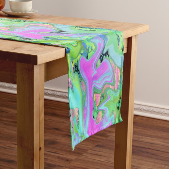 Retro Pink and Light Blue Liquid Art on Hydrangea Short Table Runner (In Situ)