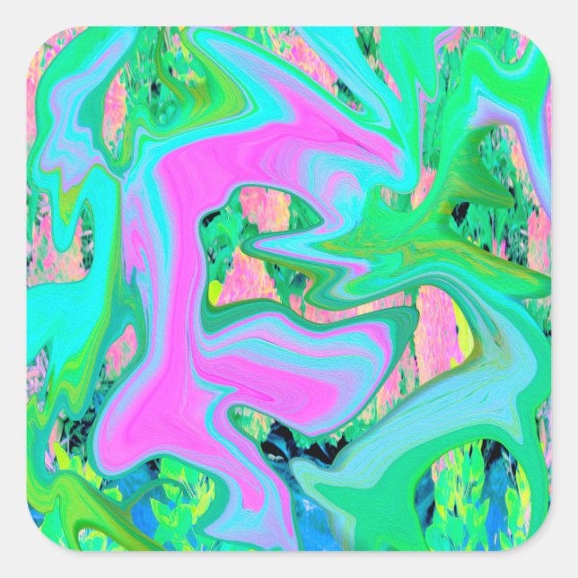 Retro Pink and Light Blue Liquid Art on Hydrangea Square Sticker (Front)