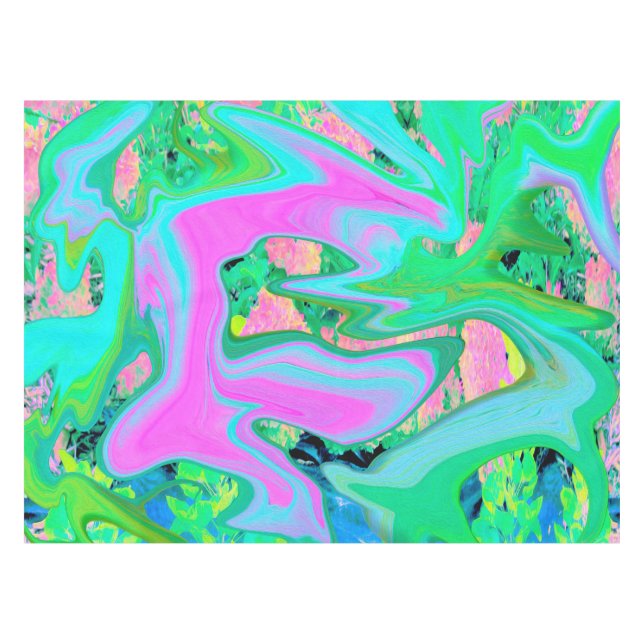 Retro Pink and Light Blue Liquid Art on Hydrangea Tablecloth (Front (Horizontal))