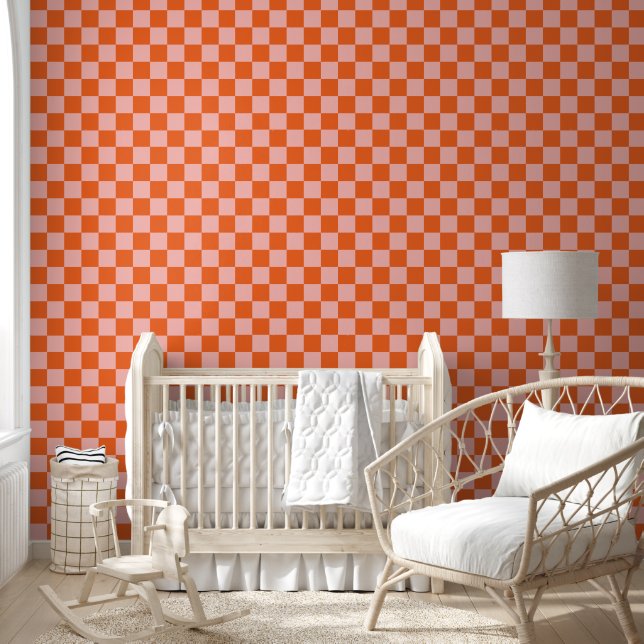Retro Pink and Orange Chequered Box Pattern Wallpaper (Kids)