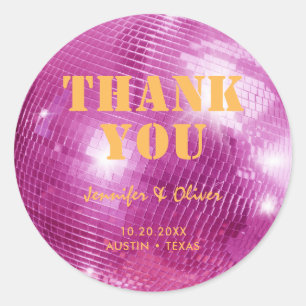 Retro Pink and Orange Disco Ball Wedding Thank You Classic Round Sticker
